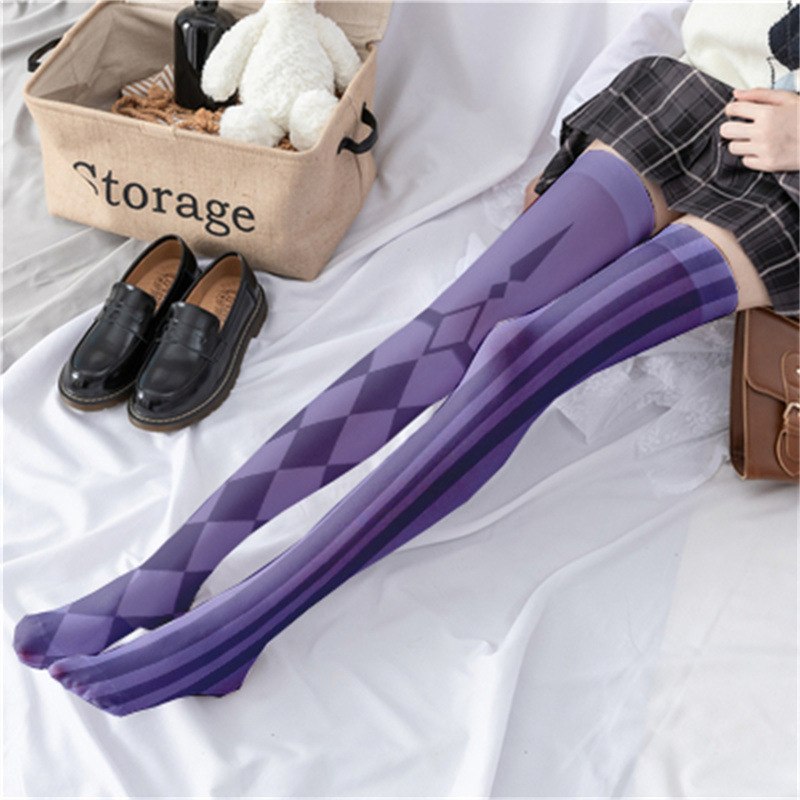 Purple Striped Gothic Geometric Pattern Thigh High Socks